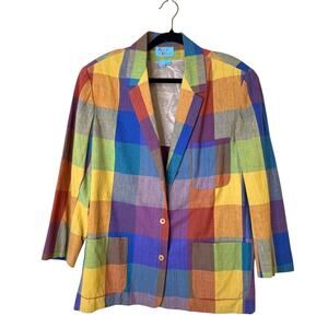 Vintage Kenzo Plaid Blazer Jacket Women’s Large Rainbow Retro 90s Preppy Cotton